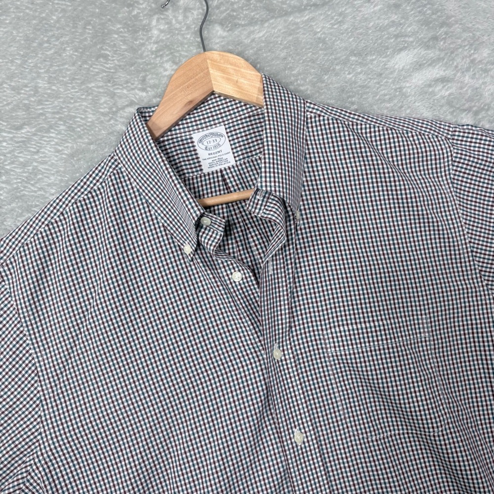 Brooks Brothers Button Down Shirt Mens 17-33 Blue Red Gingham Regent Non-Iron
